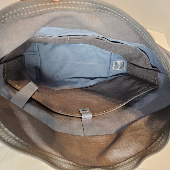 Lands' End Medium Zip Top Canvas Tote in pale blue & gray with striped straps - Picture 8 of 10